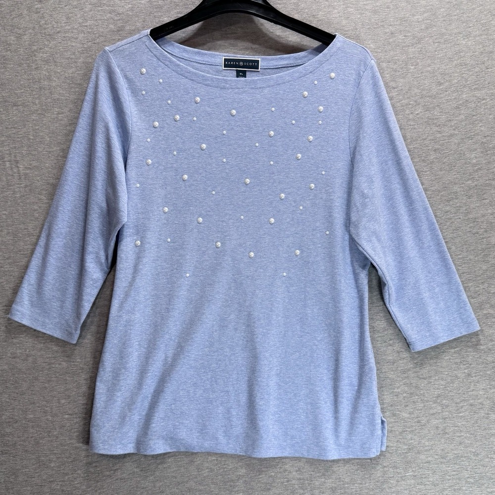 Karen Scott Top Womens XL Blue 3/4 Sleeve Crew Neck Pullover Modest Office